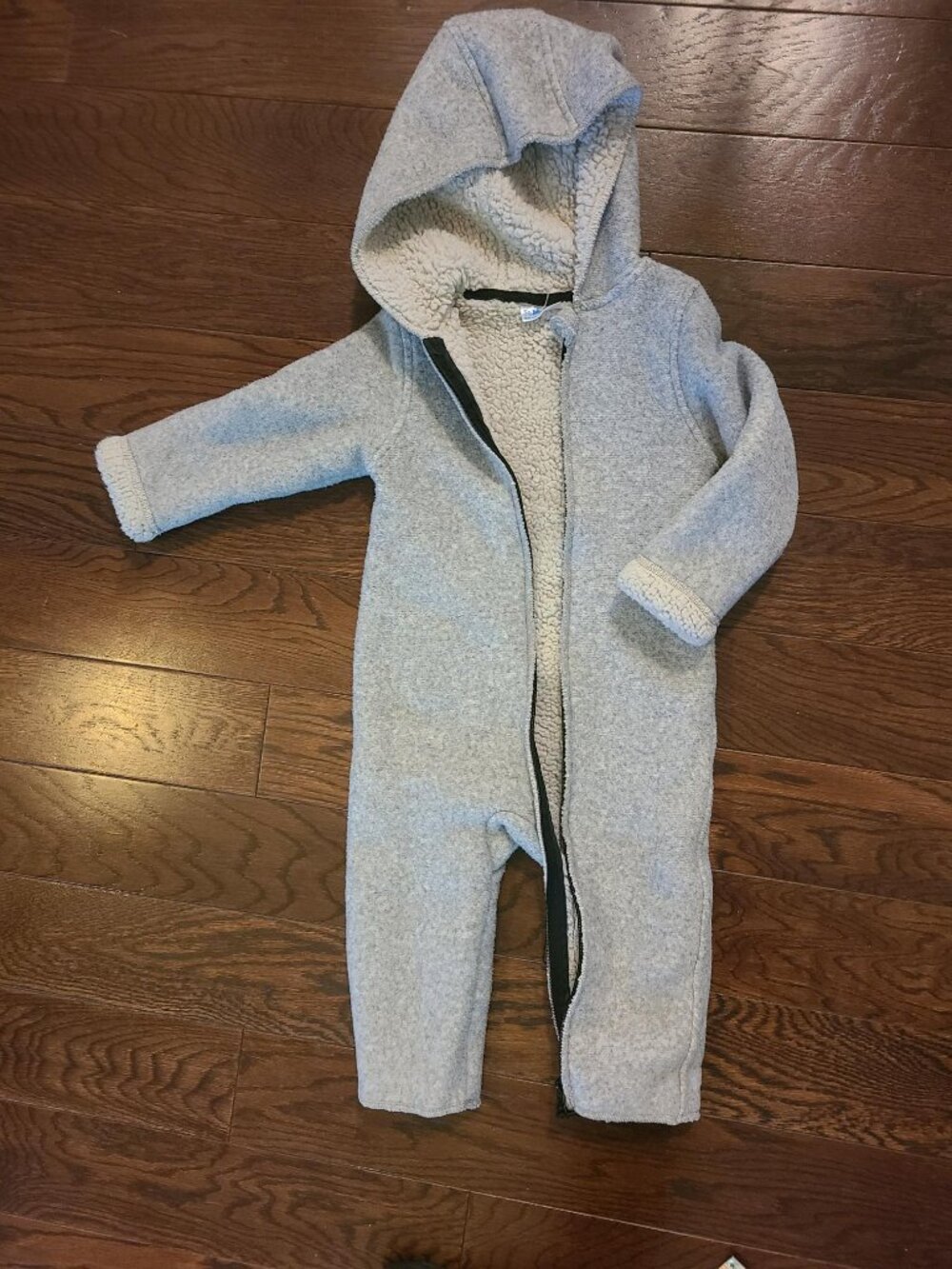 Gray melange hooded baby pram suit / fleece bunting featuring a plush faux shear